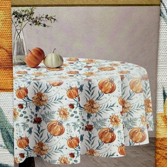 From The Hearth 100% Cotton Orange Floral Fall Pumpkin 70” Round Tablecloth New - Picture 2 of 4